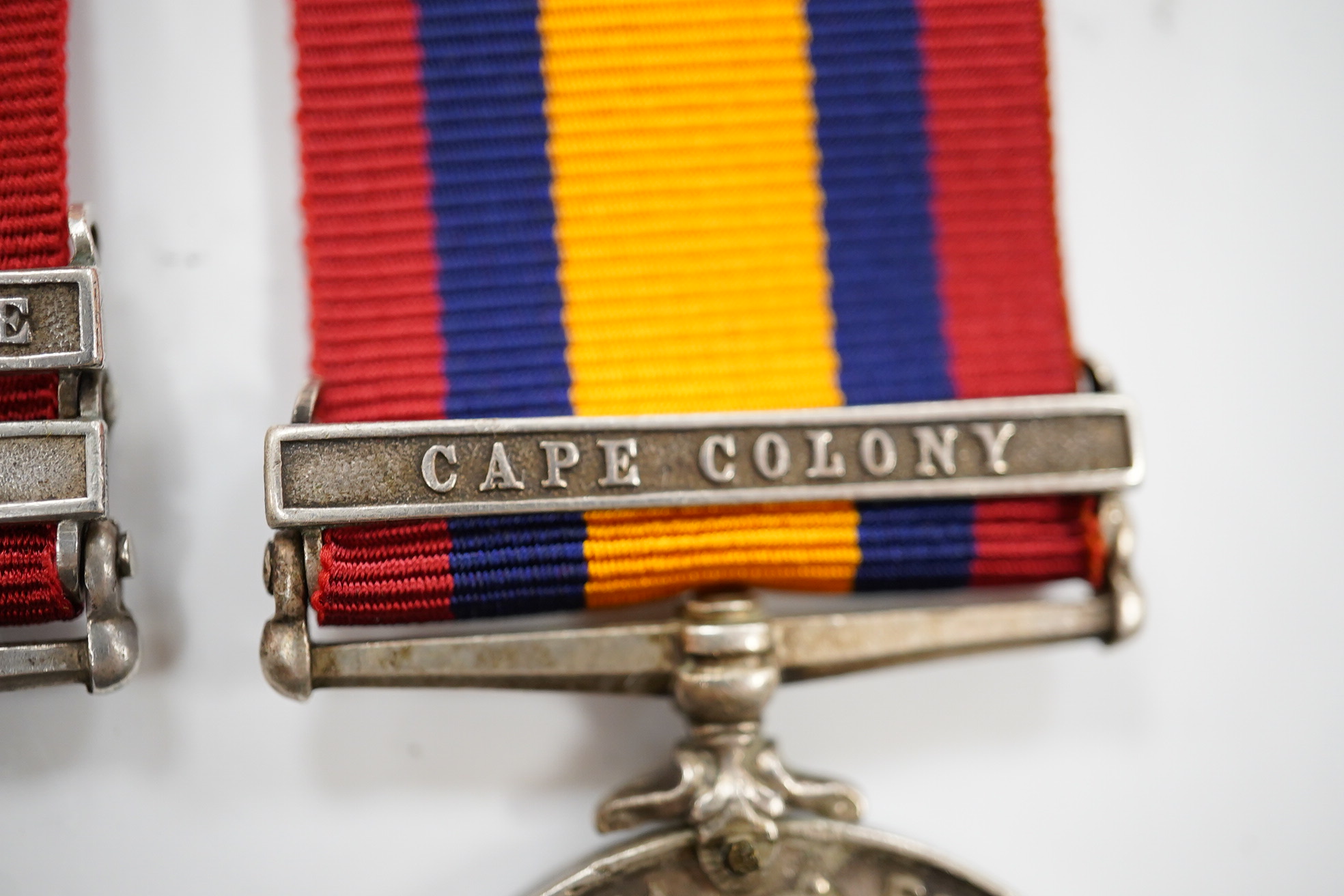 Queens South Africa Medal with CC clasp to 4493 Pte J.Finan, W.York:Regt, another with OFS and CC clasps to 3414 Pte E.Barnett, RL Fus and a third with detached disc to Sapr G Streeter, R.E.